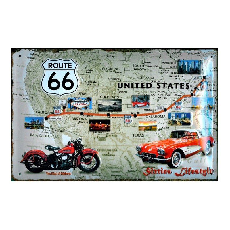 Plaque métal Route 66 Carte