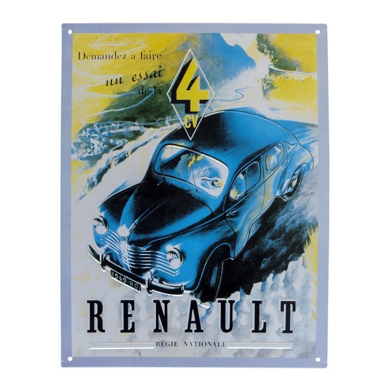 Plaque publicitaire Renault "un essai de la 4CV" 34x26cm
