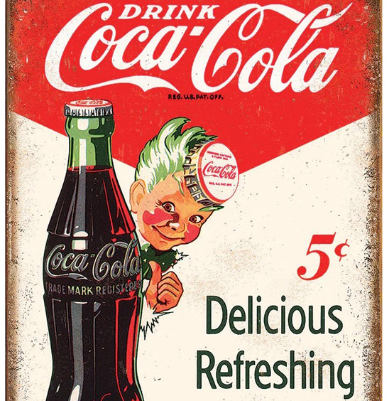 Exemple d'une plaque de déco métallique, imprimée d'un visuel Coca Cola vintage